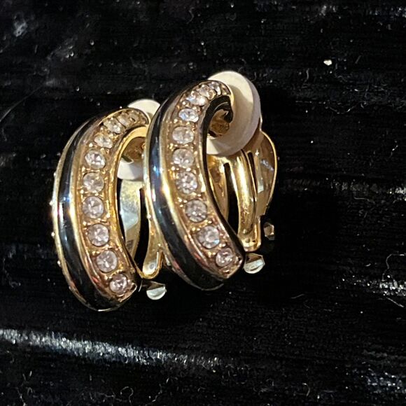 80s Vintage Swarovski Crystal Gold Plated Black Enamel Clip On Earrings - Picture 3 of 4